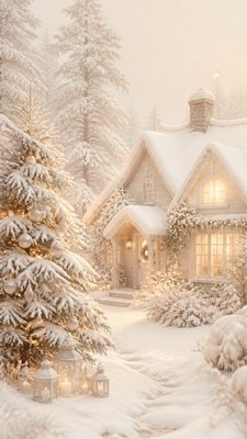 a snow-covered cottage with warm glowing windows beside a decorated pine tree, gentle snowfall, no text
