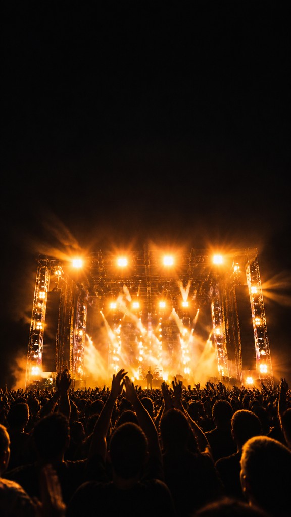 a live music scene with a glowing stage and silhouetted crowd, energetic vertical composition with open space at the top, no text