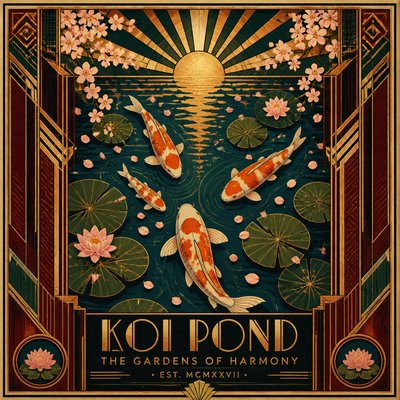 A koi pond seen from above, orange and white koi fish swimming among lily pads, clear water with subtle ripples, fallen cherry blossom petals floating on the surface, dappled sunlight
