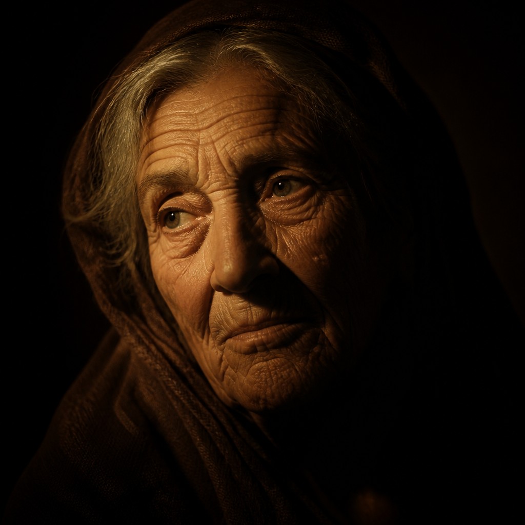 close-up portrait of an elderly person with expressive weathered features — Chiaroscuro Painting Style
