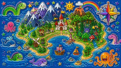 a map of an island realm with mountains, forests, a sheltered bay, sea monsters in the water and a compass rose, no text labels