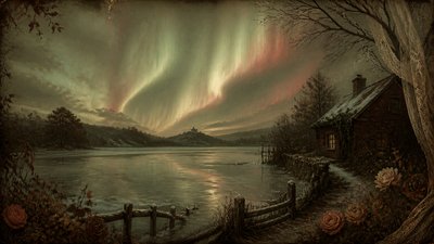 a sweeping aurora over a frozen lake, no people