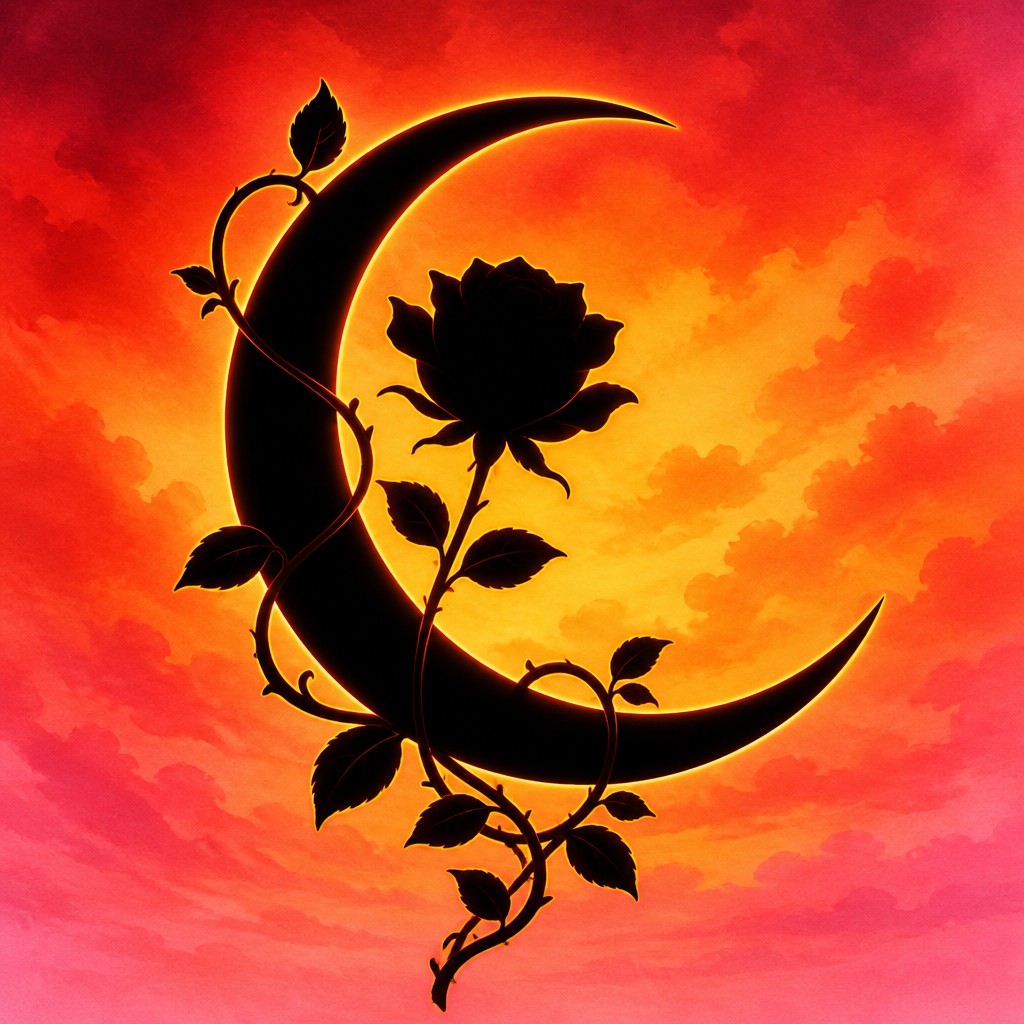 a rose entwined with a crescent moon, clean balanced composition on a plain background, no text