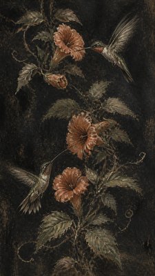 a climbing vine of flowers and hummingbirds on a dark background, tall wrapping composition, no text