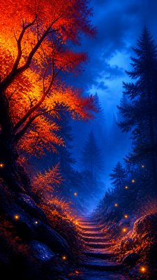 a mysterious forest path with fireflies and drifting mist, atmospheric vertical composition with open space at the top, no text