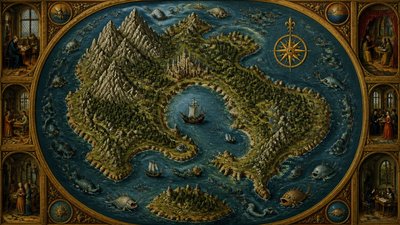 a map of an island realm with mountains, forests, a sheltered bay, sea monsters in the water and a compass rose, no text labels
