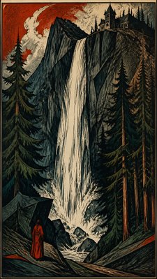 towering waterfall cascading down a cliff