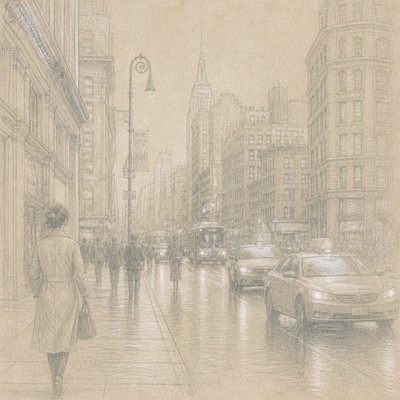urban street with city activity — Silverpoint Drawing Style