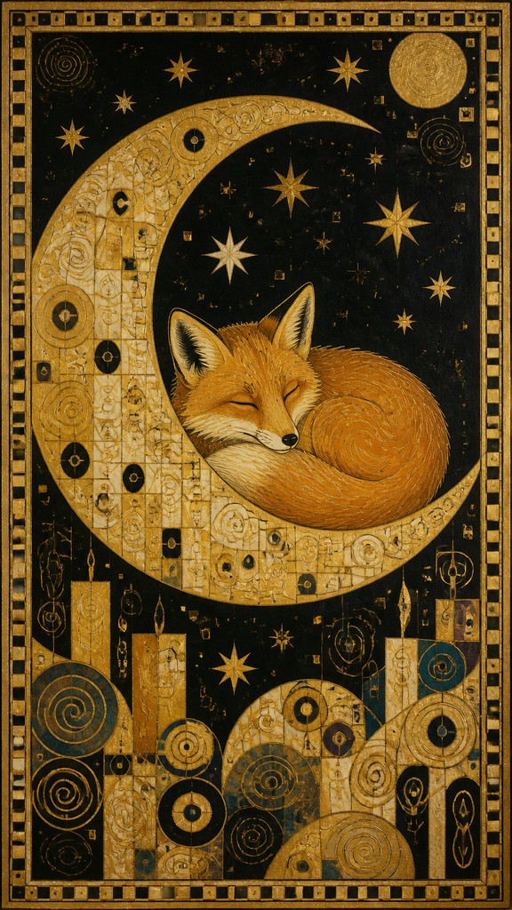 a sleeping baby fox curled on a crescent moon among soft stars, gentle and warm, no text