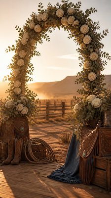 an arch of white roses and eucalyptus in soft morning light, elegant vertical composition with open space, no text