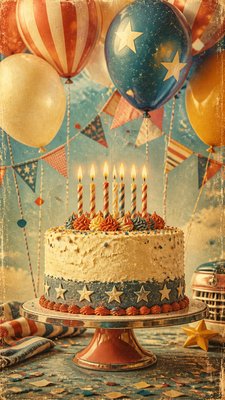 a birthday cake with lit candles surrounded by balloons and confetti, festive vertical composition, no text