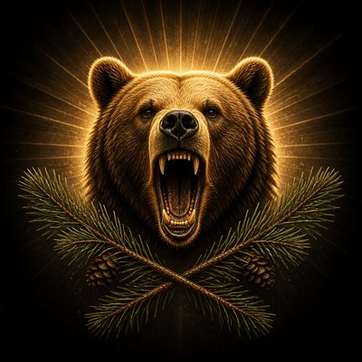 a roaring bear head above crossed pine branches, bold graphic composition on a plain background, no text