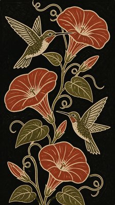 a climbing vine of flowers and hummingbirds on a dark background, tall wrapping composition, no text