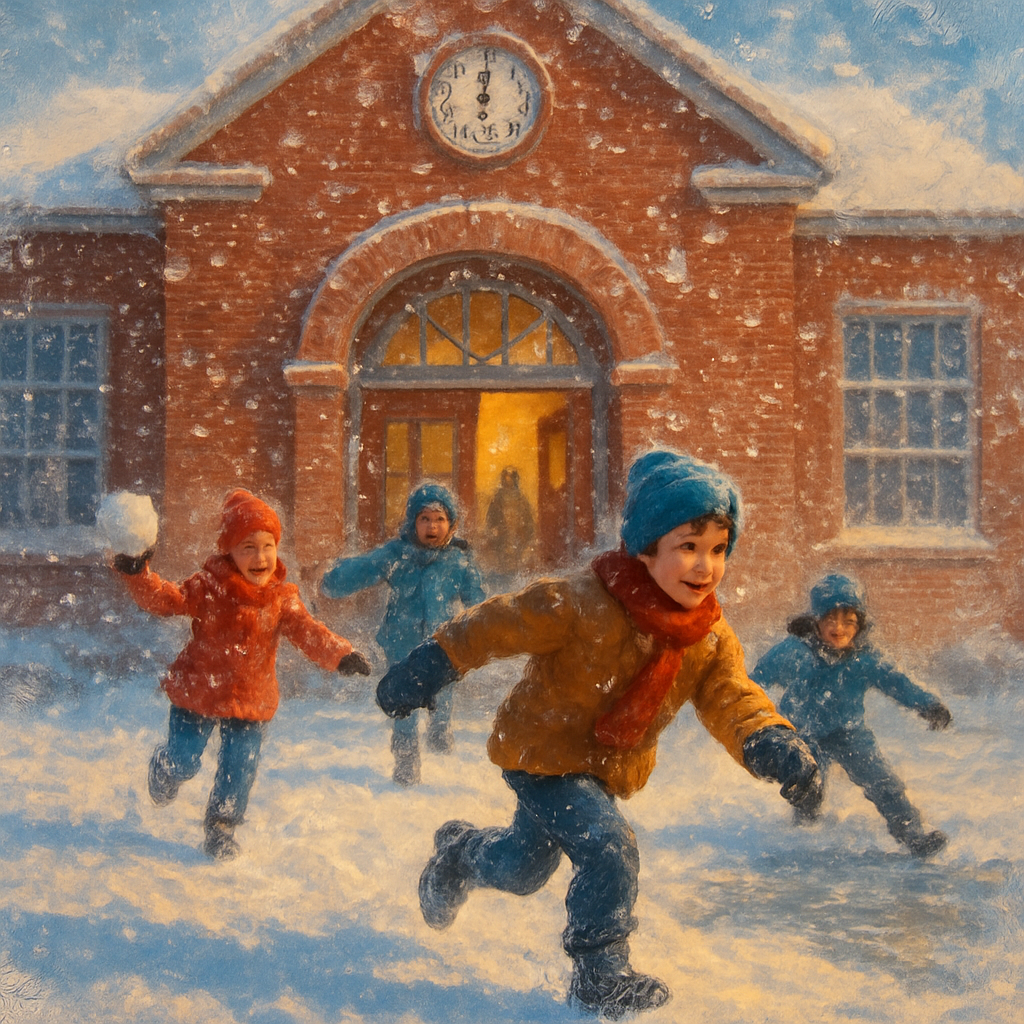 Snow Day Freedom
A group of four happy children (diverse ages and genders) running excitedly out of the tall, red brick doors of a classic, old-fashioned schoolhouse. The school's clock face shows the final bell time. The atmosphere is pure, exultant freedom and joy.
Scene Details: Heavy, fluffy snow is falling and has covered the ground in a pristine white blanket. The children are dressed in colorful, bundled winter clothing (red scarves, blue hats). In the foreground, one child is already throwing a perfect snowball, and another is sliding on a patch of ice. The setting sun casts a warm, golden glow on the snow, creating long, blue shadows and sharp contrast, emphasizing the magical quality of the winter afternoon.