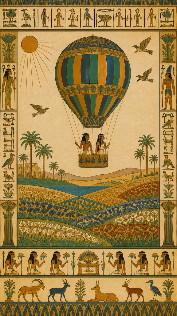 a hot air balloon drifting over rolling flower fields on a sunny day, cheerful, no text