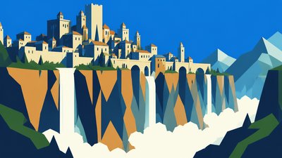 a cliffside city with waterfalls cascading into a misty canyon, wide establishing shot, no people, no text