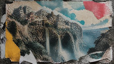 a cliffside city with waterfalls cascading into a misty canyon, wide establishing shot, no people, no text