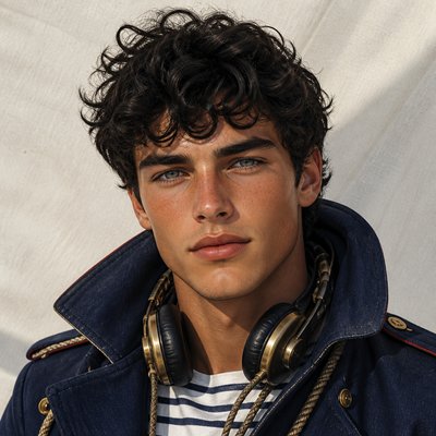 head-and-shoulders portrait of an original character: a young man with curly dark hair and headphones around his neck, plain backdrop, no text