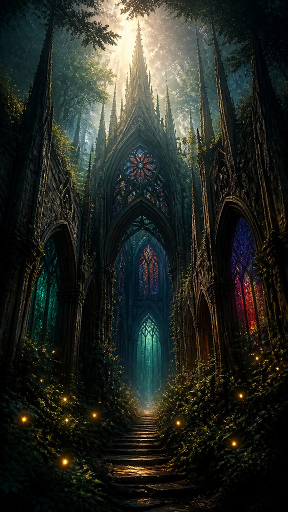 a mysterious forest path with fireflies and drifting mist, atmospheric vertical composition with open space at the top, no text