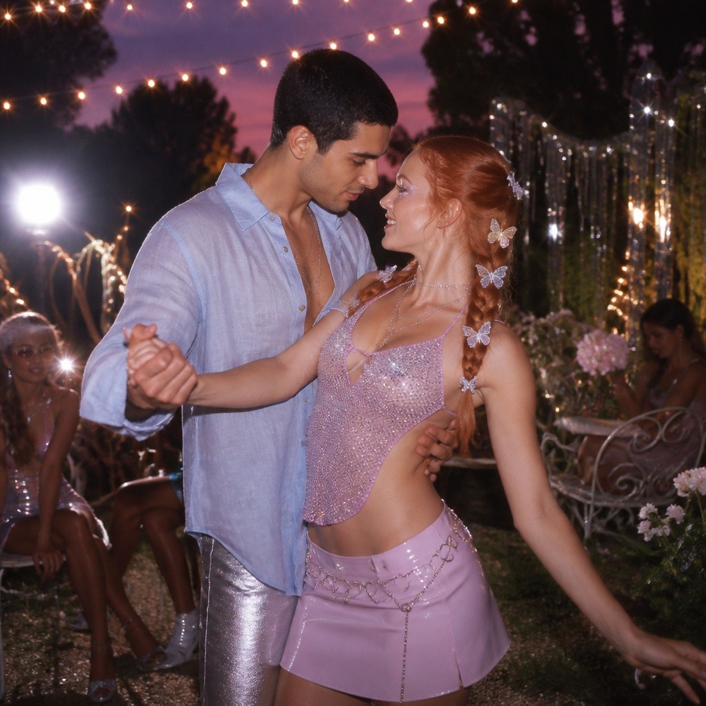 an original couple dancing under string lights in a garden at dusk: a man with short black hair in a linen shirt and a woman with braided red hair in a summer dress