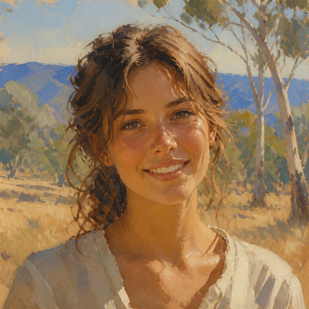 head-and-shoulders portrait of an original character: a young woman with wavy chestnut hair and a warm smile, plain soft backdrop