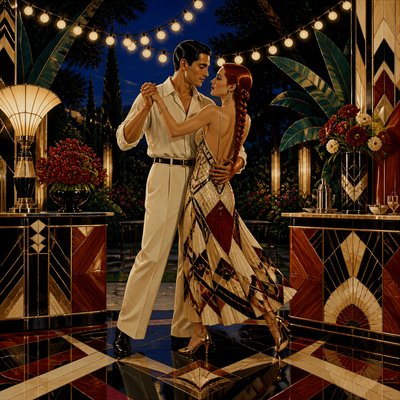 an original couple dancing under string lights in a garden at dusk: a man with short black hair in a linen shirt and a woman with braided red hair in a summer dress