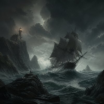 sailing ship on a stormy sea