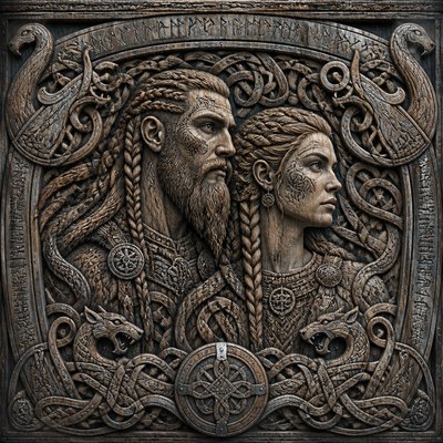 portrait of two people together — Viking Art Style