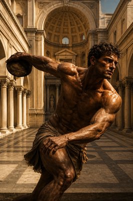 a statue of a man holding a ball in a building