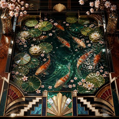 A koi pond seen from above, orange and white koi fish swimming among lily pads, clear water with subtle ripples, fallen cherry blossom petals floating on the surface, dappled sunlight