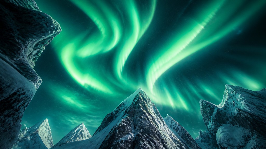 a flowing aurora over snowy peaks, wide sweeping composition, no people, no text