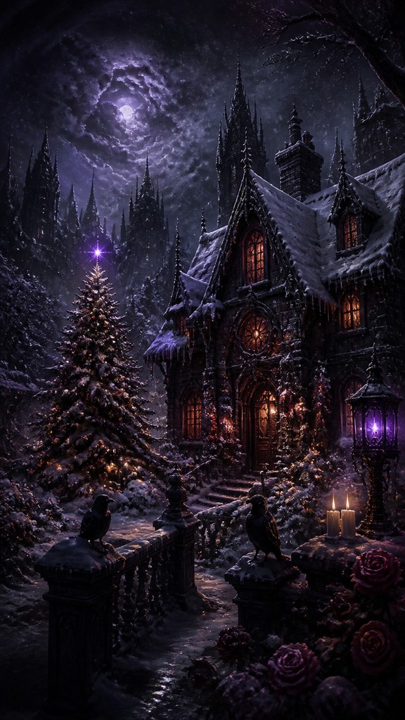 a snow-covered cottage with warm glowing windows beside a decorated pine tree, gentle snowfall, no text