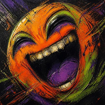 an exaggerated laughing face of an original round mascot character, bold and readable at small size, plain background, no text