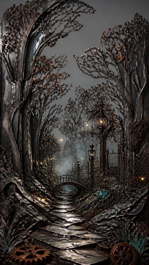 a mysterious forest path with fireflies and drifting mist, atmospheric vertical composition with open space at the top, no text