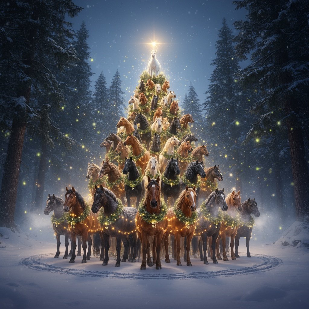 A breathtaking forest clearing at winter twilight, filled with deep emerald pines and soft ambient mist. At the center of the scene stands an extraordinary Christmas tree—its entire form cleverly created by living horses. Dozens of horses of various sizes and colors stand arranged in a perfect triangular formation from wide base to narrow peak, their bodies forming the layered silhouette of a lush holiday tree. Each horse is positioned with elegant precision so their necks, flowing manes, and arched backs mimic the contours of branches. The base layer features large, sturdy draft horses, chestnuts and bays, standing shoulder to shoulder like the lower boughs. Mid-levels transition to sleek Arabians, palominos, and black stallions, their manes fanned outward like sweeping tree limbs. Near the top, smaller ponies and miniature horses form the upper taper, culminating in a single snow-white miniature horse standing proudly at the peak, glowing with soft magical light like a star.
The horses are adorned with delicate festive accents: strands of golden fairy lights draped across their bodies, pine-needle wreath garlands resting on their necks, tiny crystal ornaments clipped lightly to their manes, and subtle silvery frost sparkling on their coats. Each horse’s breath forms soft clouds in the chilly air. Snow gently falls through shafts of moonlight filtering between towering firs. The forest floor is blanketed with untouched white snow, except for the circle of hoofprints surrounding the living tree. Fireflies and bioluminescent particles drift among the trees, adding a mystical glow. Mood is grand, magical, cinematic, hyper-realistic with extreme detail, crisp textures of fur, snow, and pine, volumetric lighting, dramatic shadows, ultra-high resolution, enchanted winter atmosphere.
Camera & Style cues:
– Wide-angle lens, low camera angle looking slightly upward
– Cinematic depth of field
– Hyper-detailed photorealism
– Soft moonlit color palette with warm golden highlights
– 8K clarity, high dynamic range, deep contrast
– Slight ethereal glow for a magical holiday feel