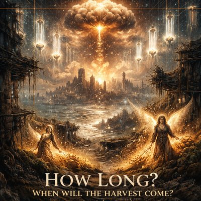 surreal apocalyptic coastal city under targeting grid, mushroom cloud harvest of souls, ethereal righteous souls in glowing chambers crying "How long?", divine reaping angels collecting wheat and light, fractured timelines glitching, biblical end times 2 Esdras 4:35, dark dramatic atmosphere, cyber-apocalypse glitch art, text overlay "How long? When will the harvest come?", 