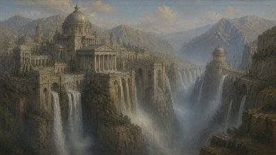 a cliffside city with waterfalls cascading into a misty canyon, wide establishing shot, no people, no text