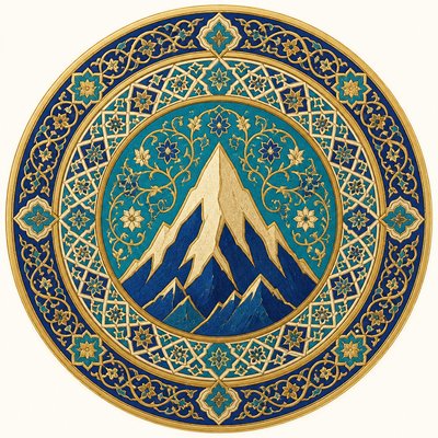 an emblem of a mountain peak inside a circle, simple bold shapes on a plain background, no text or lettering