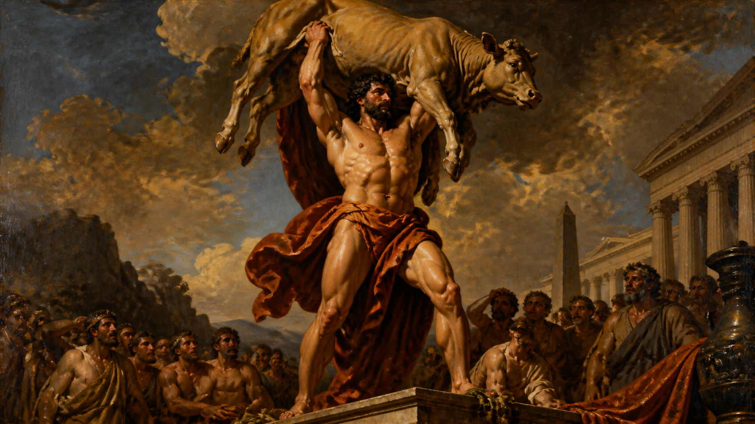 greek champion ignudi athlete Milos of Croton lifting heavy animal over his head