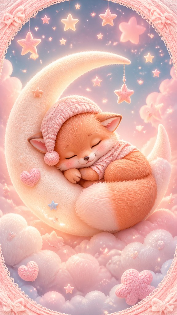 a sleeping baby fox curled on a crescent moon among soft stars, gentle and warm, no text