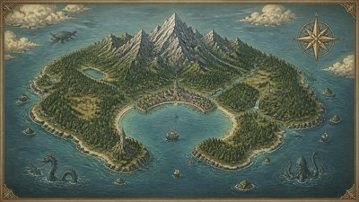 a map of an island realm with mountains, forests, a sheltered bay, sea monsters in the water and a compass rose, no text labels
