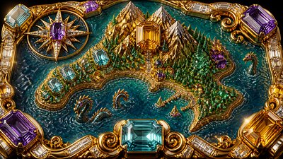a map of an island realm with mountains, forests, a sheltered bay, sea monsters in the water and a compass rose, no text labels