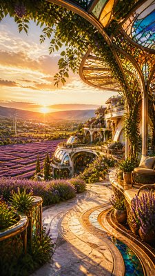 a field of lavender stretching to distant hills at dusk, no people