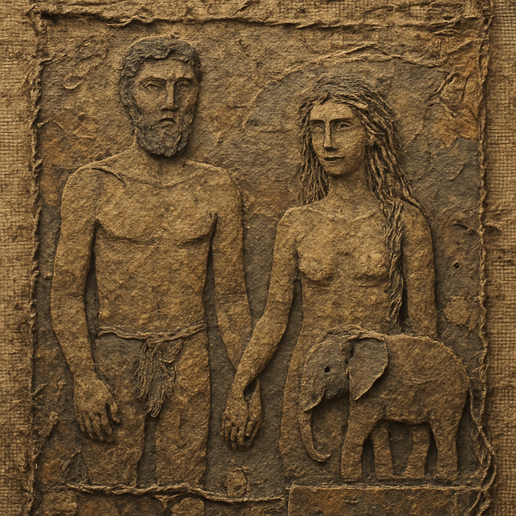 generate an adam and eve motif portrait with a pygmy elephant in the background