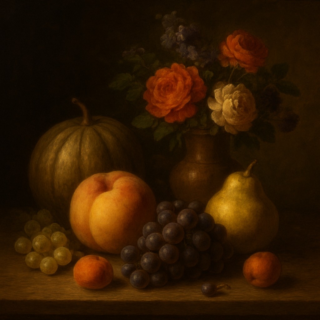 still life arrangement of fruits and flowers