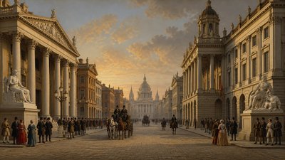 bustling city street panorama at dusk
