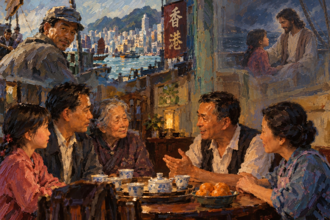 a painting of a group of people sitting around a table