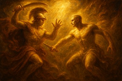 a painting of two men fighting with each other