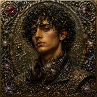 head-and-shoulders portrait of an original character: a young man with curly dark hair and headphones around his neck, plain backdrop, no text