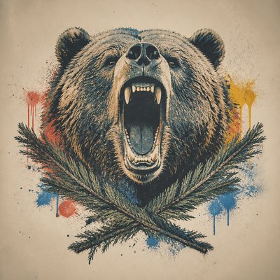 a roaring bear head above crossed pine branches, bold graphic composition on a plain background, no text